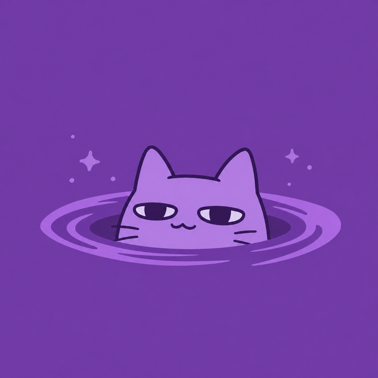 Sleepy purple CatSwap cat peeking out of a puddle